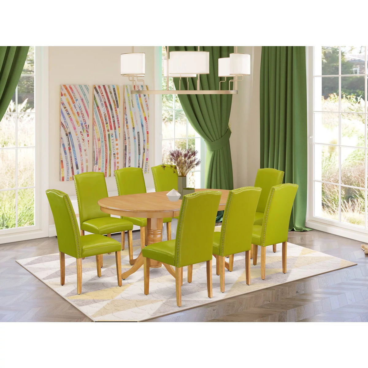 9 Pc Kitchen Set For 8 Dining Table With Leaf And Eight Parson Chair With Oak Leg And Pu Leather Color Autumn Green Q890629