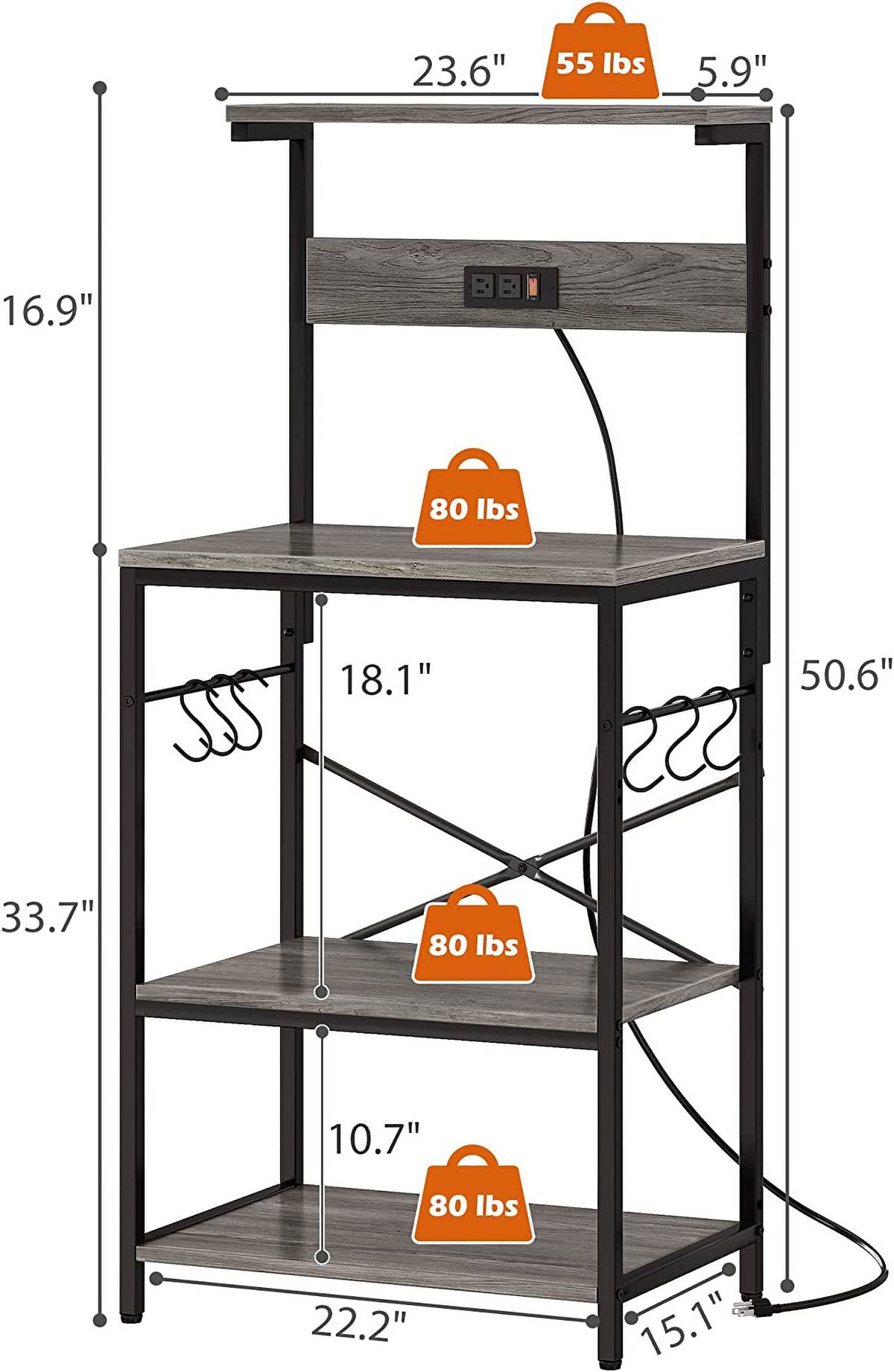 Charcoal Gray 4 Tiers Kitchen Bakers Rack with Power Outlet L62572