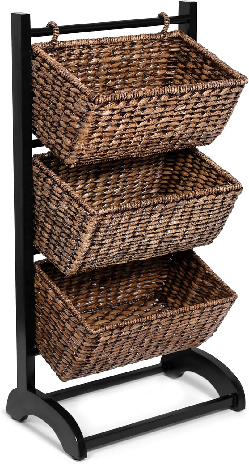 3-Tier Abaca Storage Organizer Shelf with Solid Wood Frame and 3 Baskets B2789