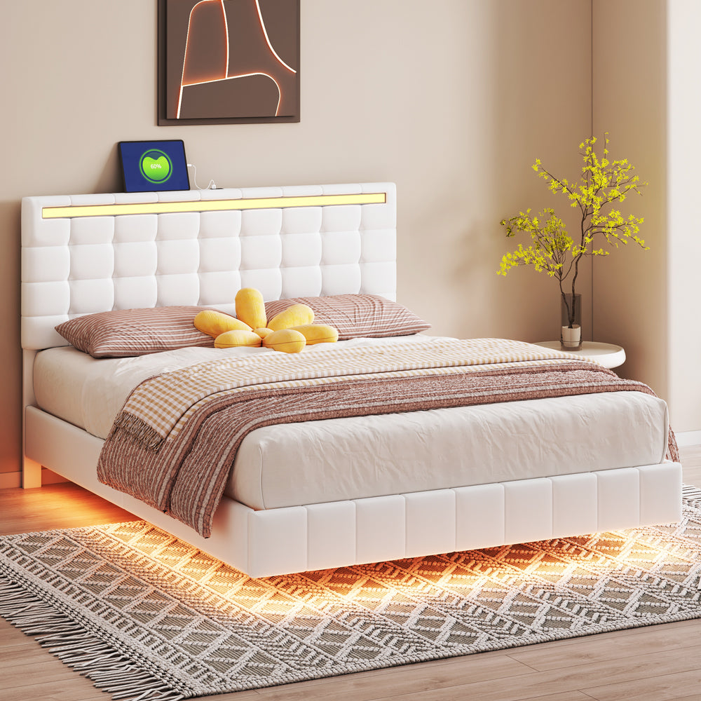 Queen Size White Upholstered Platform Bed Frame with LED Lights and USB Charging M267