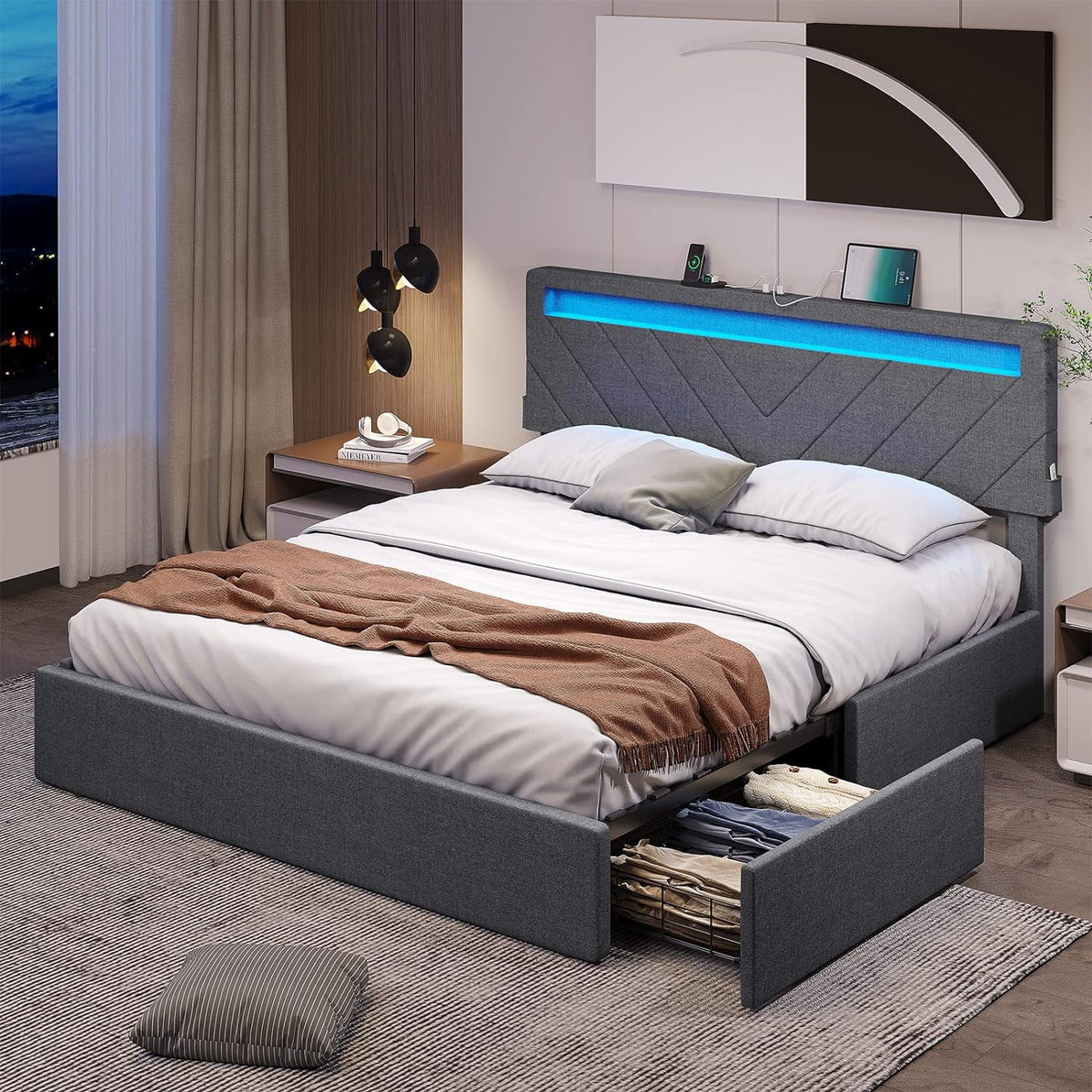 Queen Size Upholstered Platform Bed Frame with 4 Drawers and LED Lights Headboard C28983