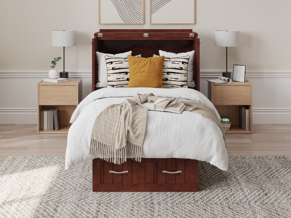 Twin Solid Wood Murphy Bed Chest with Mattress, Drawer & Charger, Walnut C704