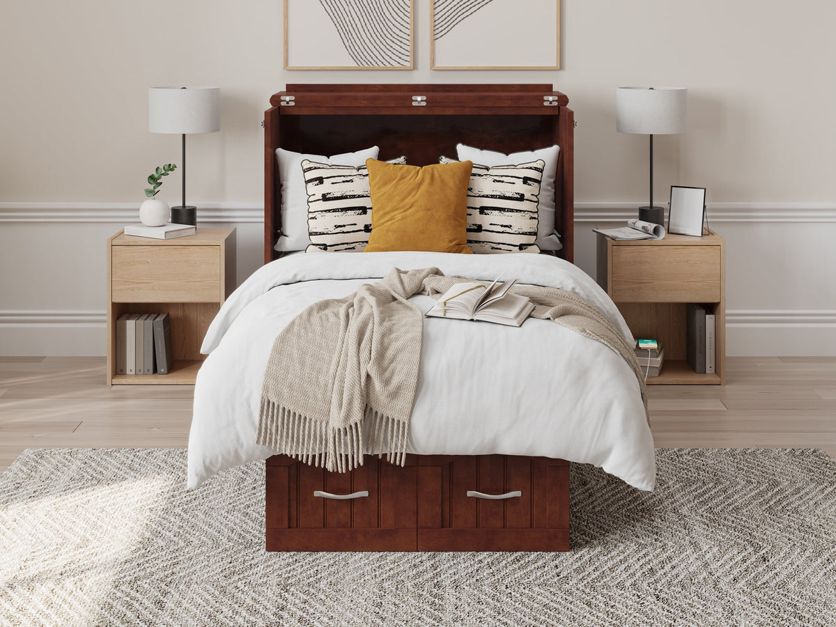 Twin Solid Wood Murphy Bed Chest with Mattress, Drawer & Charger, Walnut C704