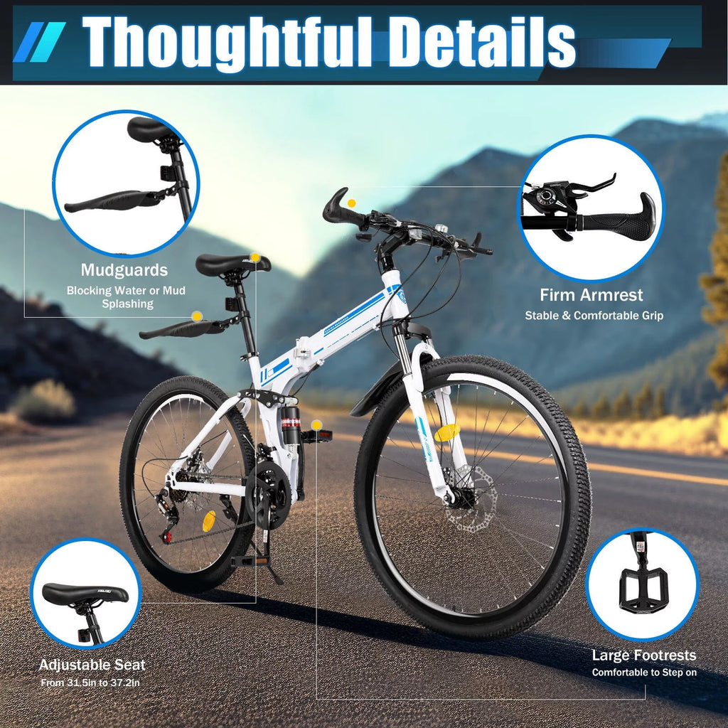 26 Mountain Folding Bike 21-Speed High-Carbon Steel Bicycle with Dual Disc-Brake J16157