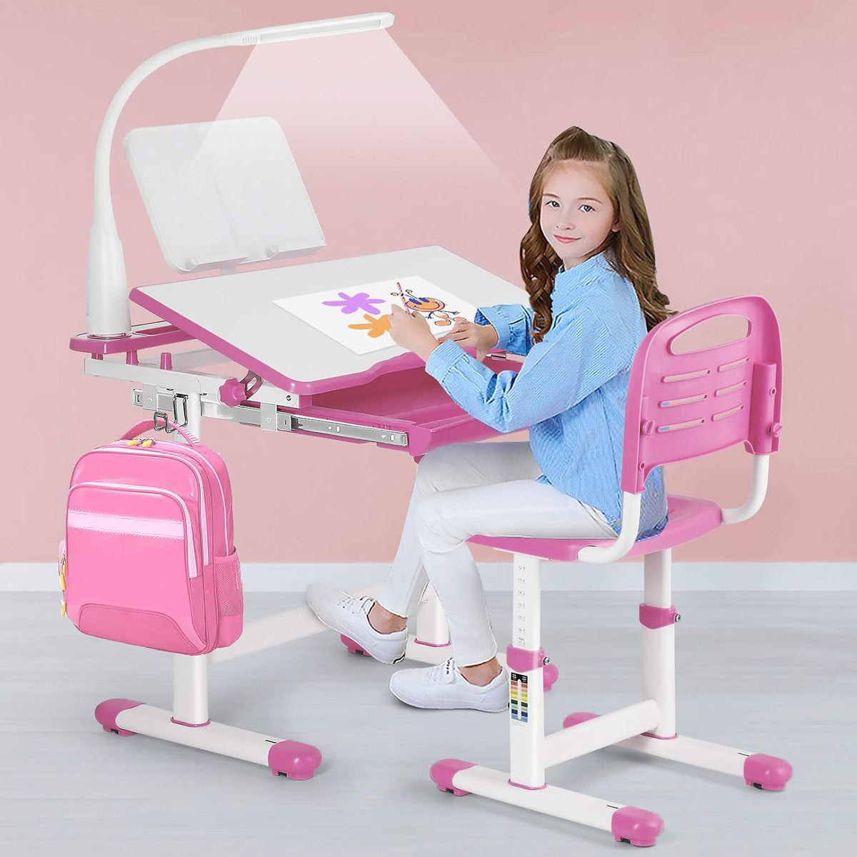 Pink Kids Study Desk and Chair Set with LED Lamp A60389