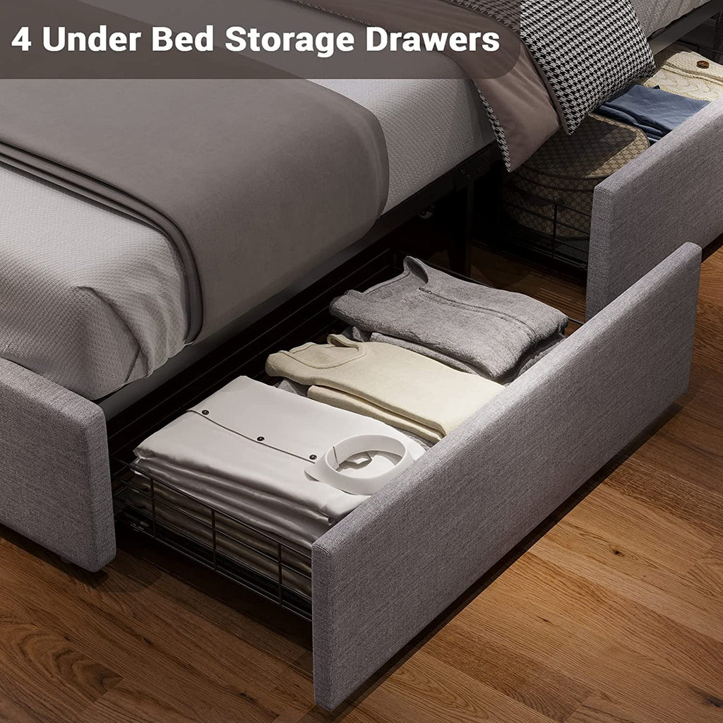 Queen Size Upholstered Platform Bed Frame with 4 Drawers and LED Lights Headboard C28983