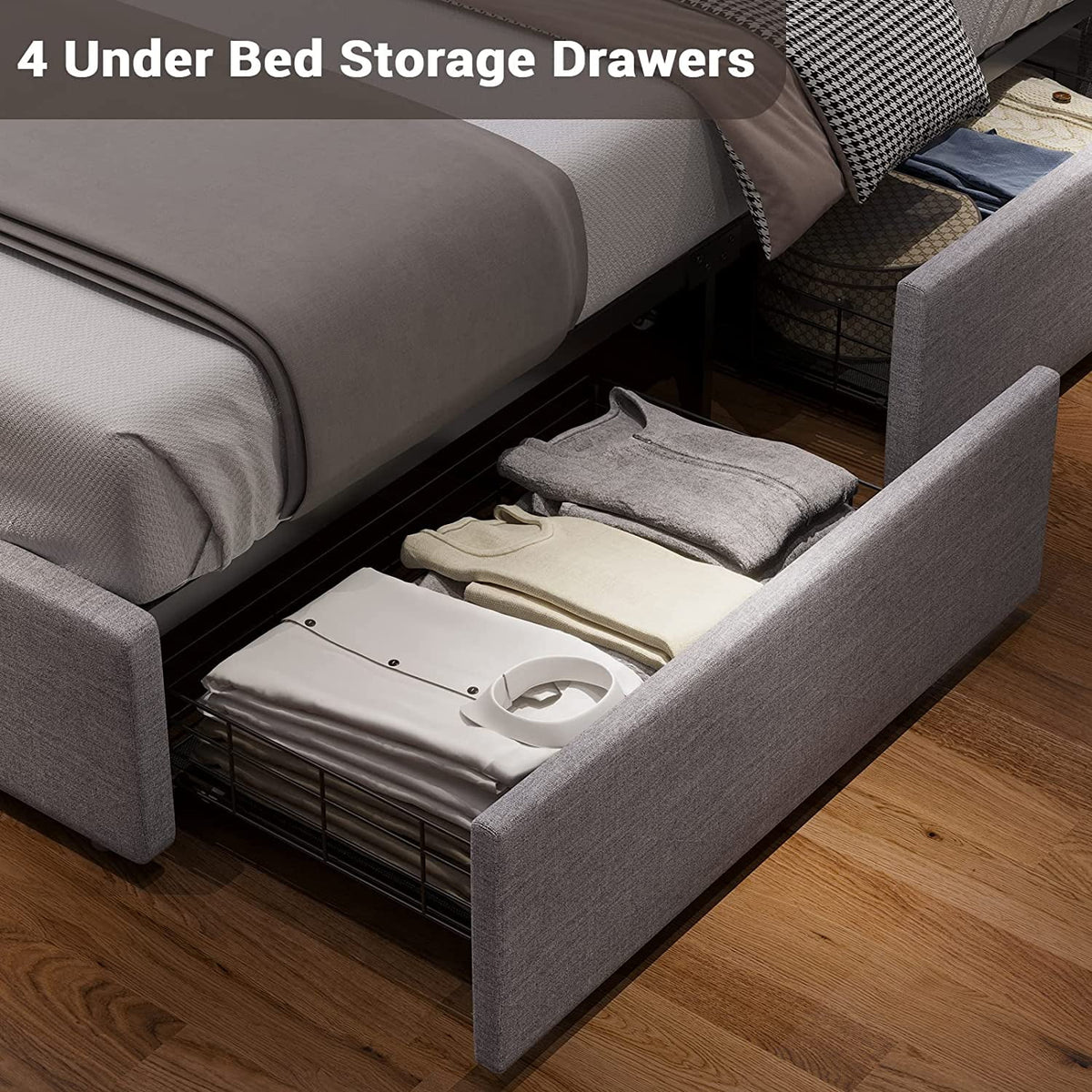 Queen Size Upholstered Platform Bed Frame with 4 Drawers and LED Lights Headboard C28983