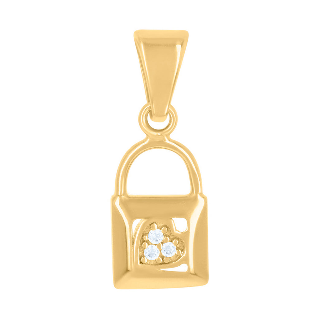 14k Yellow Gold CZ Lock Charm Pendant Necklace J6880