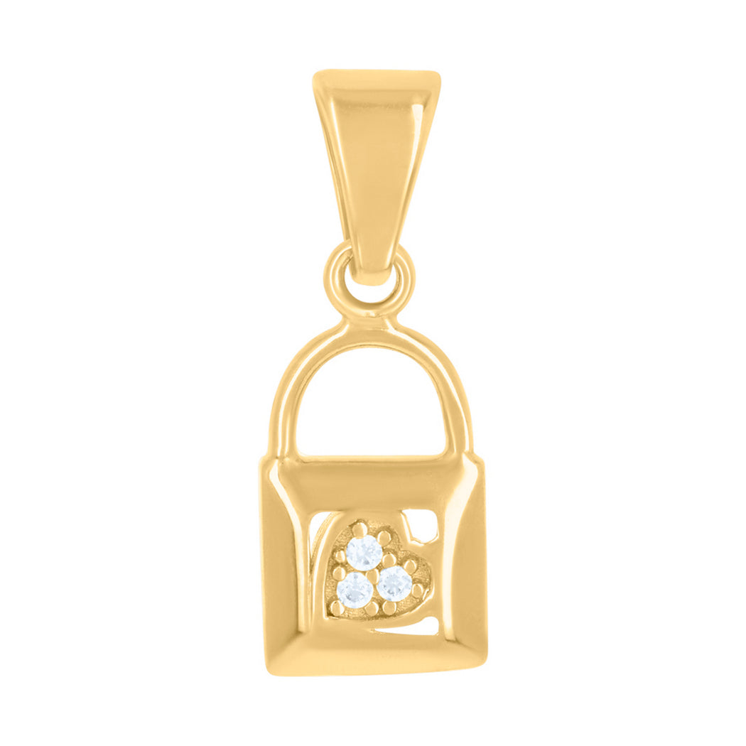 14k Yellow Gold CZ Lock Charm Pendant Necklace J6880