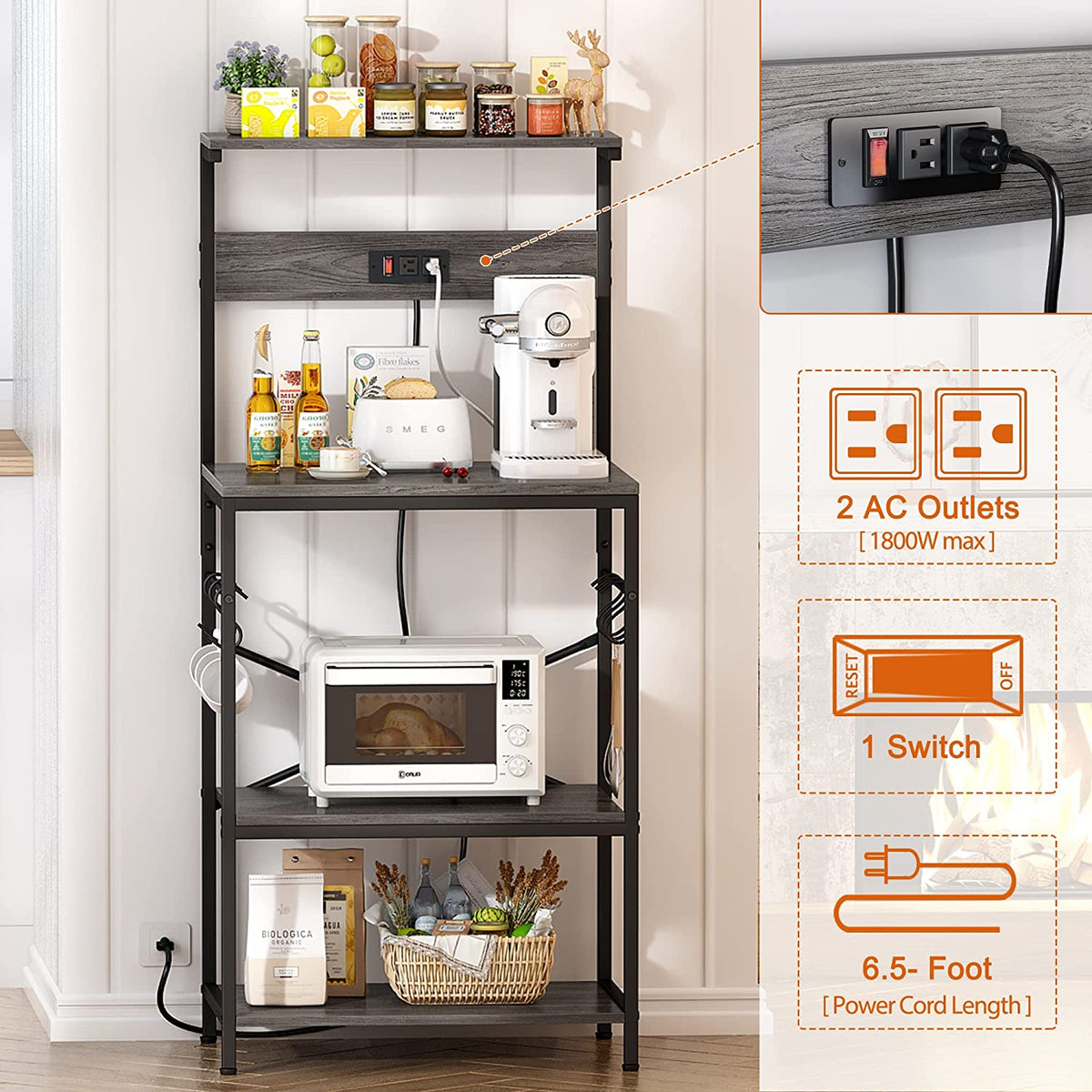 Charcoal Gray 4 Tiers Kitchen Bakers Rack with Power Outlet L62572