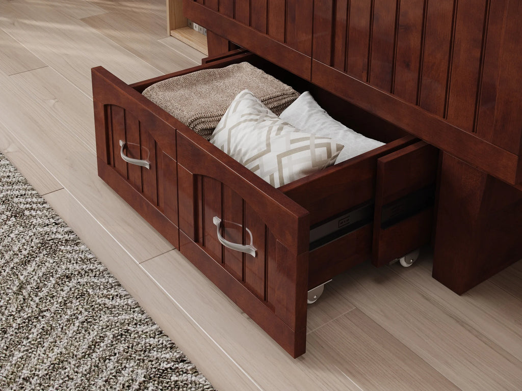 Twin Solid Wood Murphy Bed Chest with Mattress, Drawer & Charger, Walnut C704