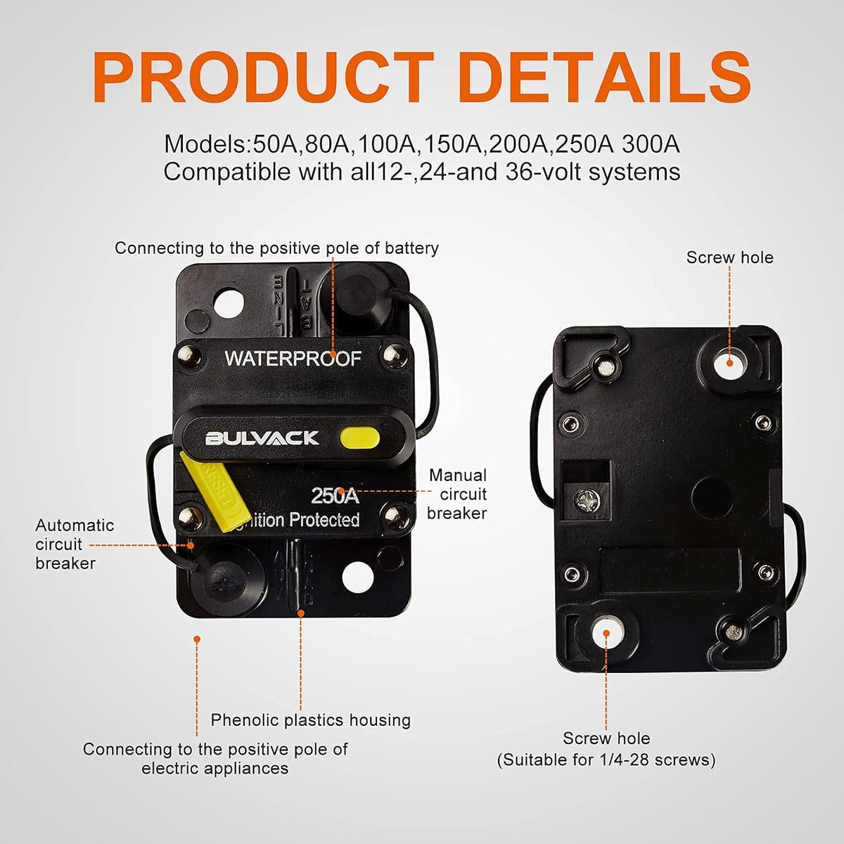 250 Amp Circuit Breaker with Manual Reset, 12V-48V DC H8904