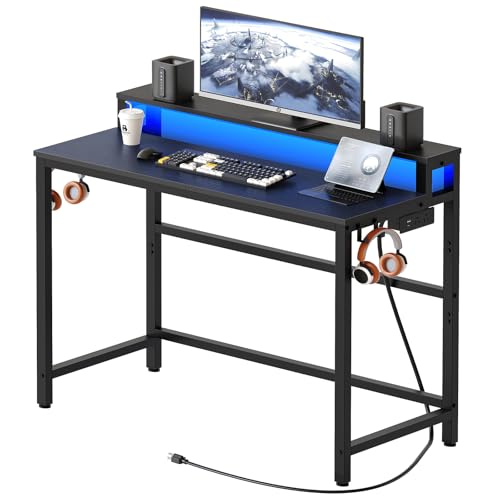 Black Computer Desk with Charging Station and LED Lights G266