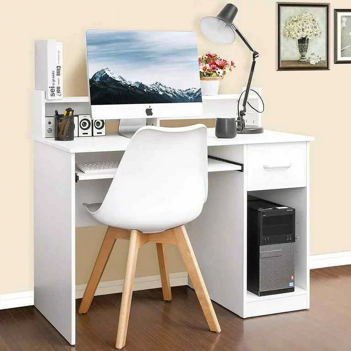 White Computer Desk with Drawer and Keyboard Tray M4304