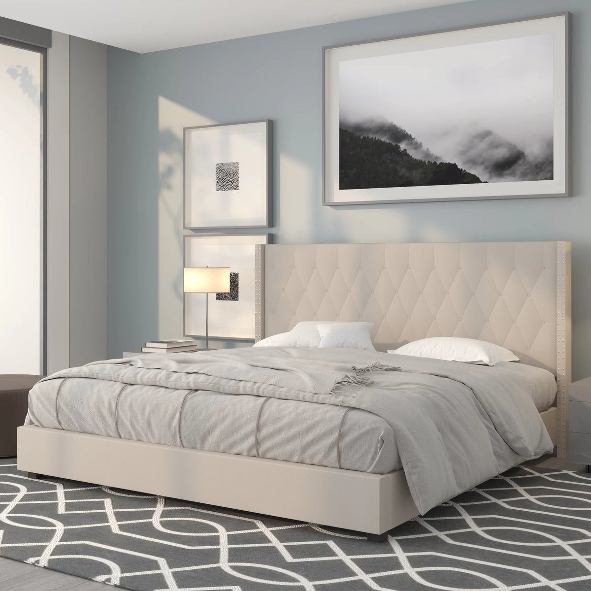King Size Tufted Upholstered Platform Bed in Beige Fabric B6605