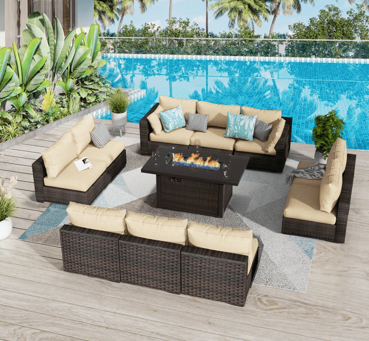 11 PCS Black Wicker Patio Furniture Set with Fire Pit Table J311