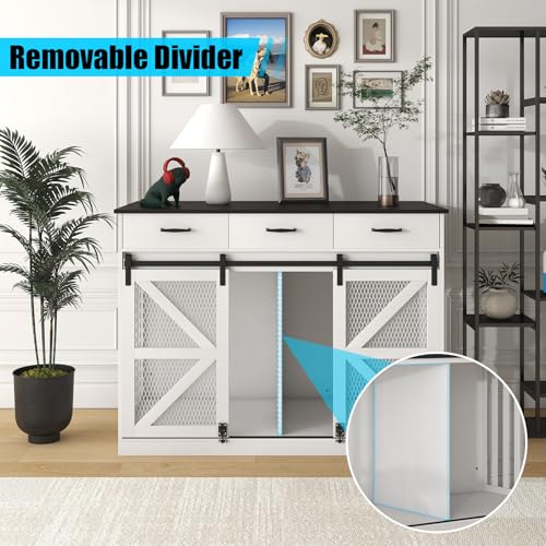 47 Inch Wooden Dog Crate Furniture with Removable Divider Storage Drawers Double Door White T721