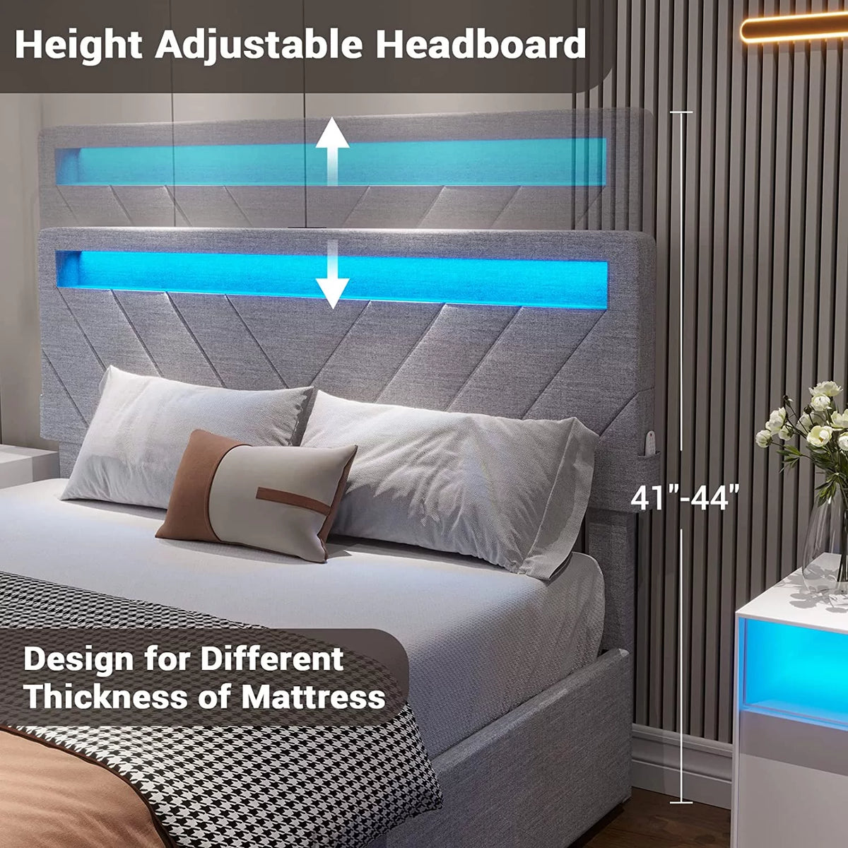 Queen Size Upholstered Platform Bed Frame with 4 Drawers and LED Lights Headboard C28983