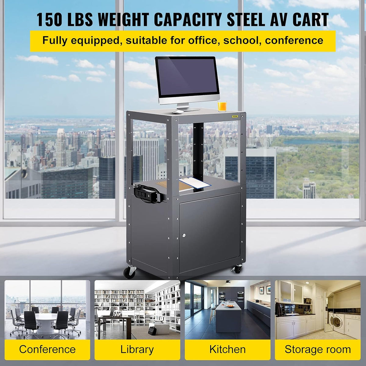 AV Cart with Power Strip and Locking Cabinet X9029