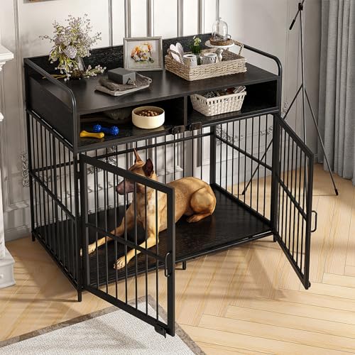 47 Inch Wooden Dog Crate Furniture with Removable Divider Storage Drawers Double Door White T721