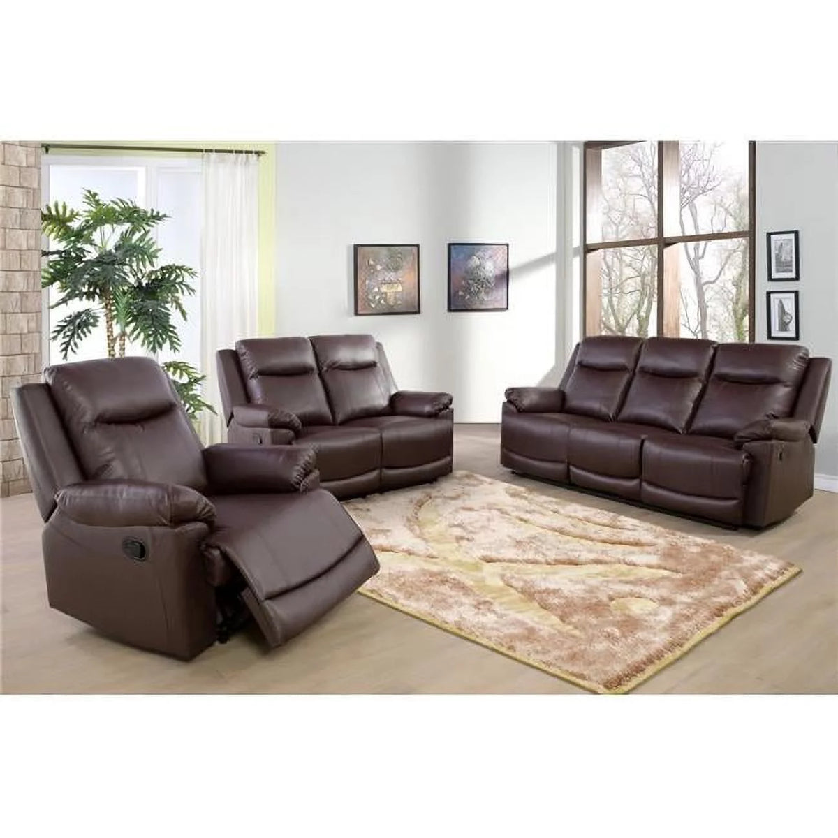 3 Piece Brown Bonded Leather Reclining Sofa Set L956393