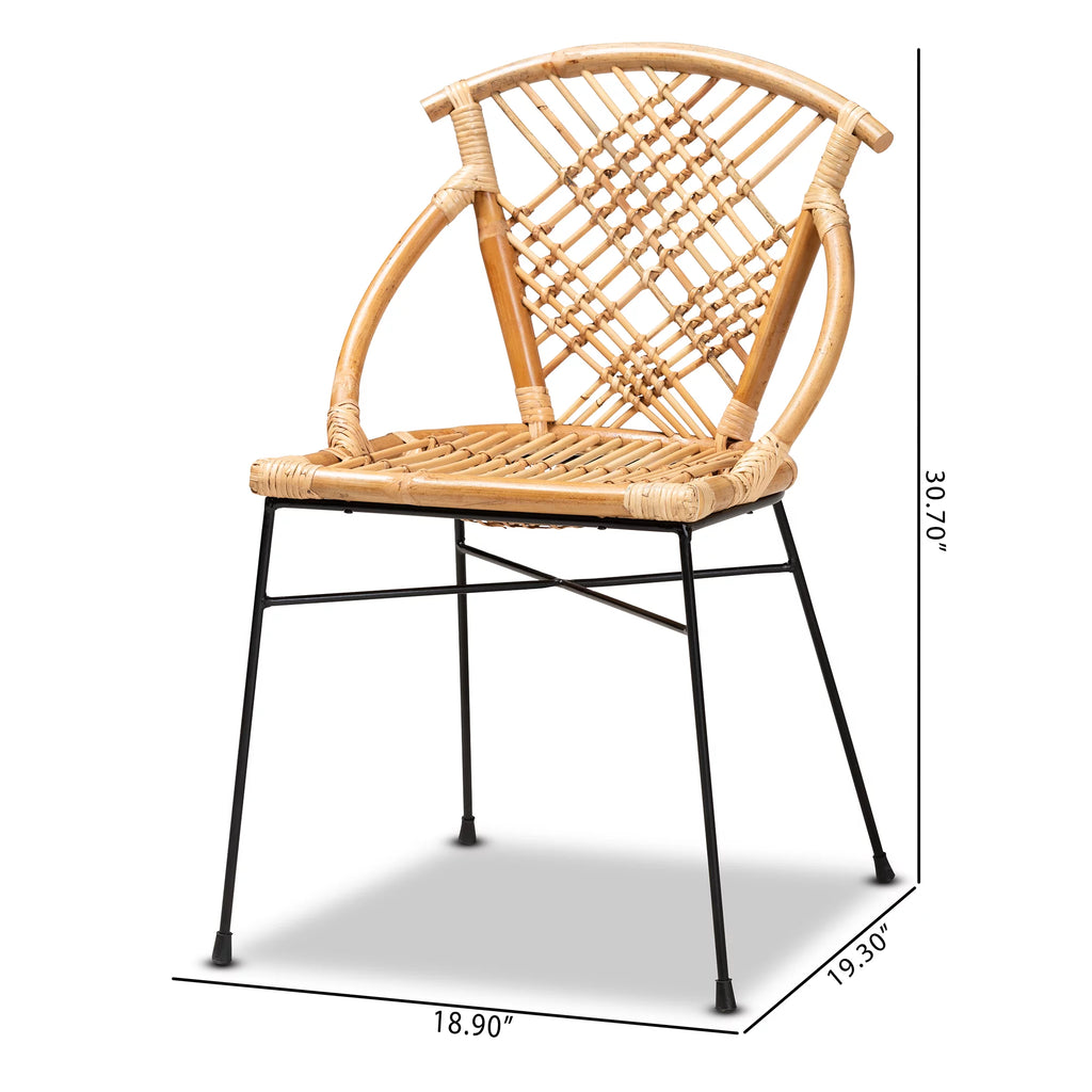 Natural Brown Rattan and Black Metal 2-Piece Dining Chair Set N8420