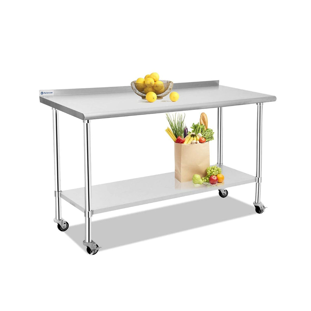 Stainless Steel Prep & Work Table with Caster Backsplash and Adjustable Undershelf F89435
