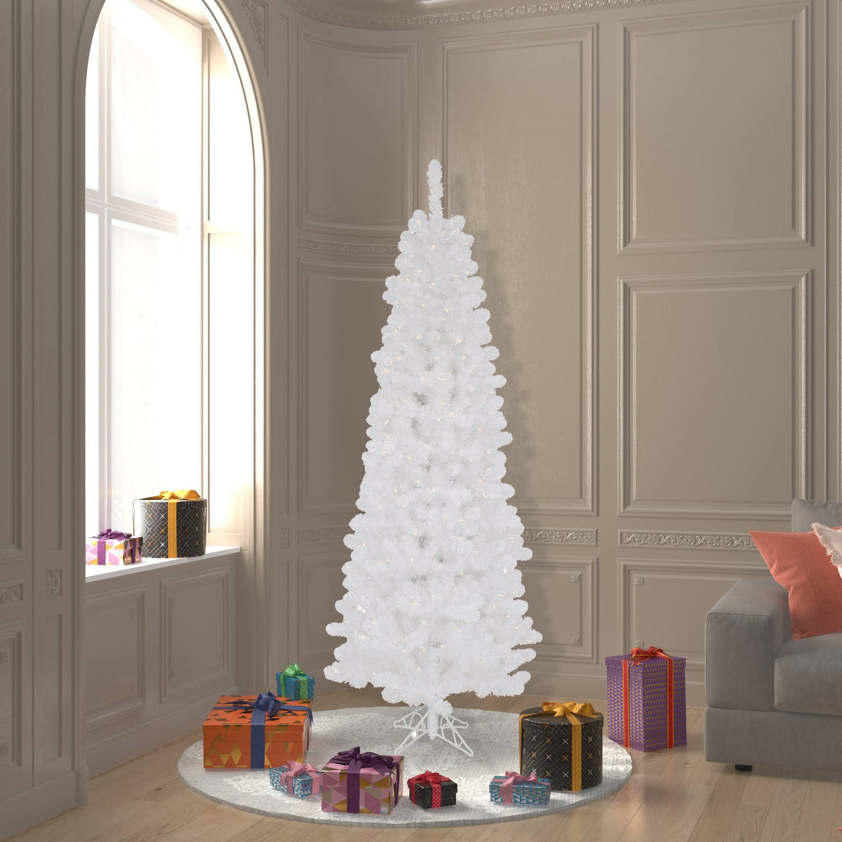 6.5 ft White Pencil Pine Christmas Tree with Clear Lights K76646