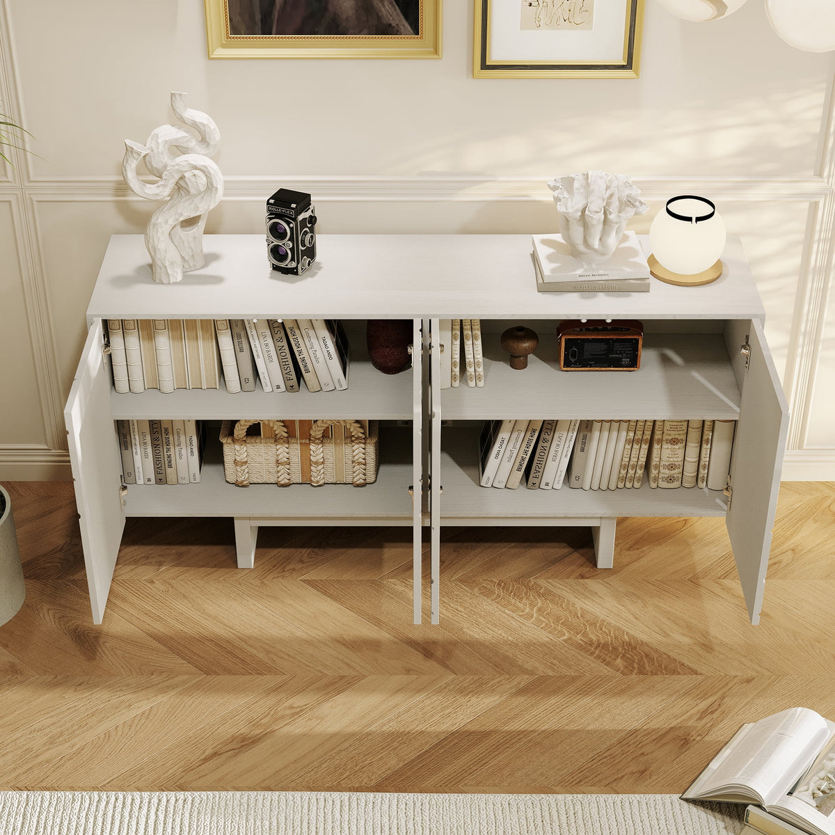 63" 4-Door Cream Sideboard Buffet Cabinet with Adjustable Shelves X16829