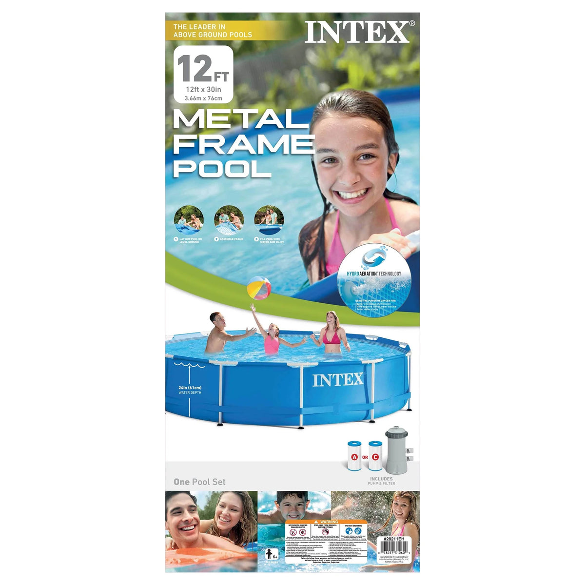 12ft x 30in Metal Frame Above Ground Swimming Pool with Filter H749
