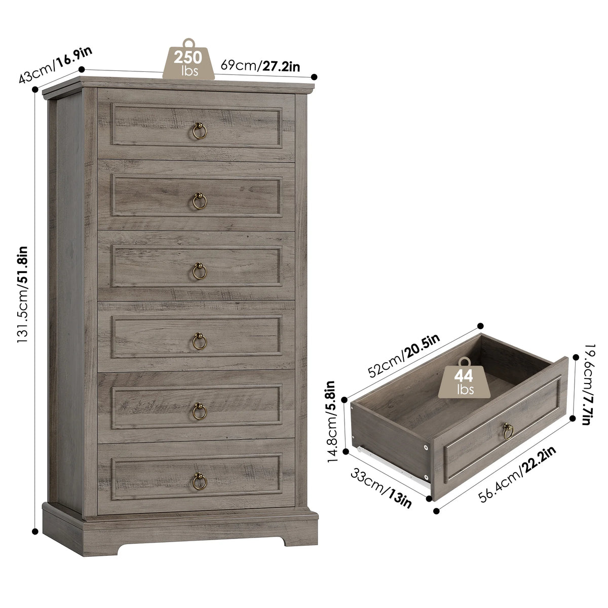 6 Drawer Tall Wood Dresser C487