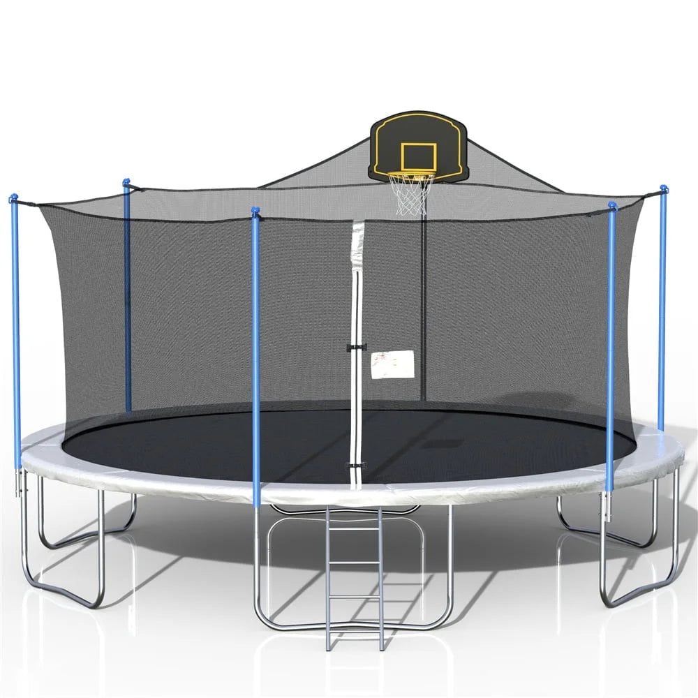 14FT Blue Trampoline with Basketball Hoop and Enclosure Net S687